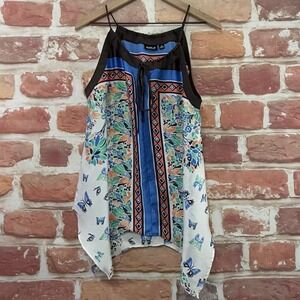Allen Schwartz Tunic Top Women's XS Multicolor Boho Floral Butterfly Satin Shirt